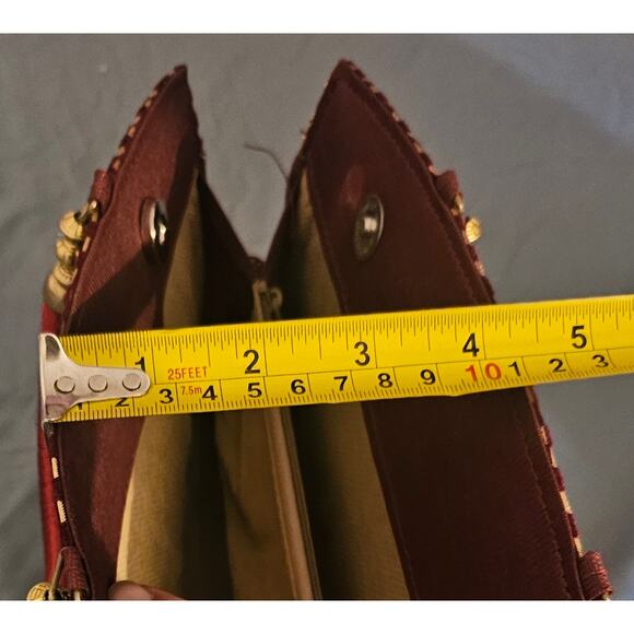 Vintage-Style Maroon & Gold Embroidered Clutch Handbag Purse With A Zip Pocket - Picture 7 of 8